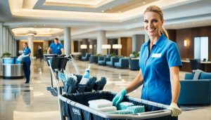 Professional cleaner performing cleaning tasks in a Birmingham facility