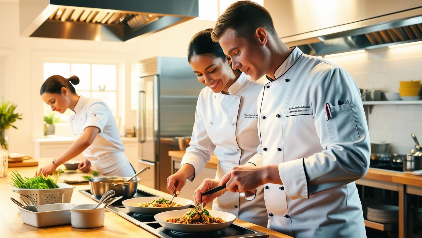 Chef and kitchen assistant working together in a commercial kitchen