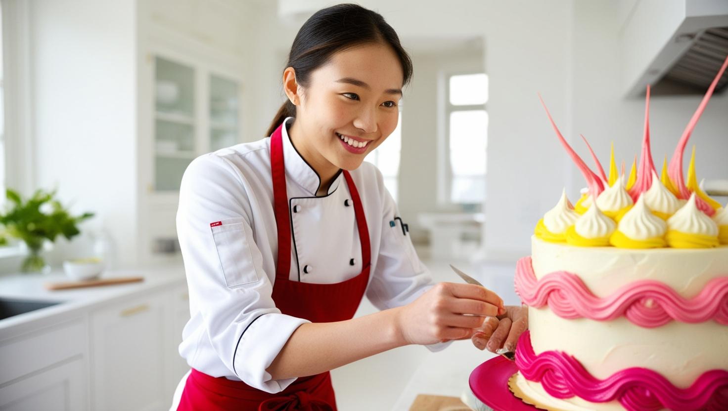 Pastry chef creating elaborate dessert presentation