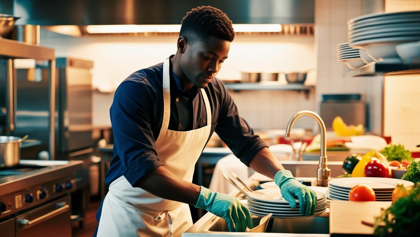 Kitchen porter working in a busy restaurant kitchen