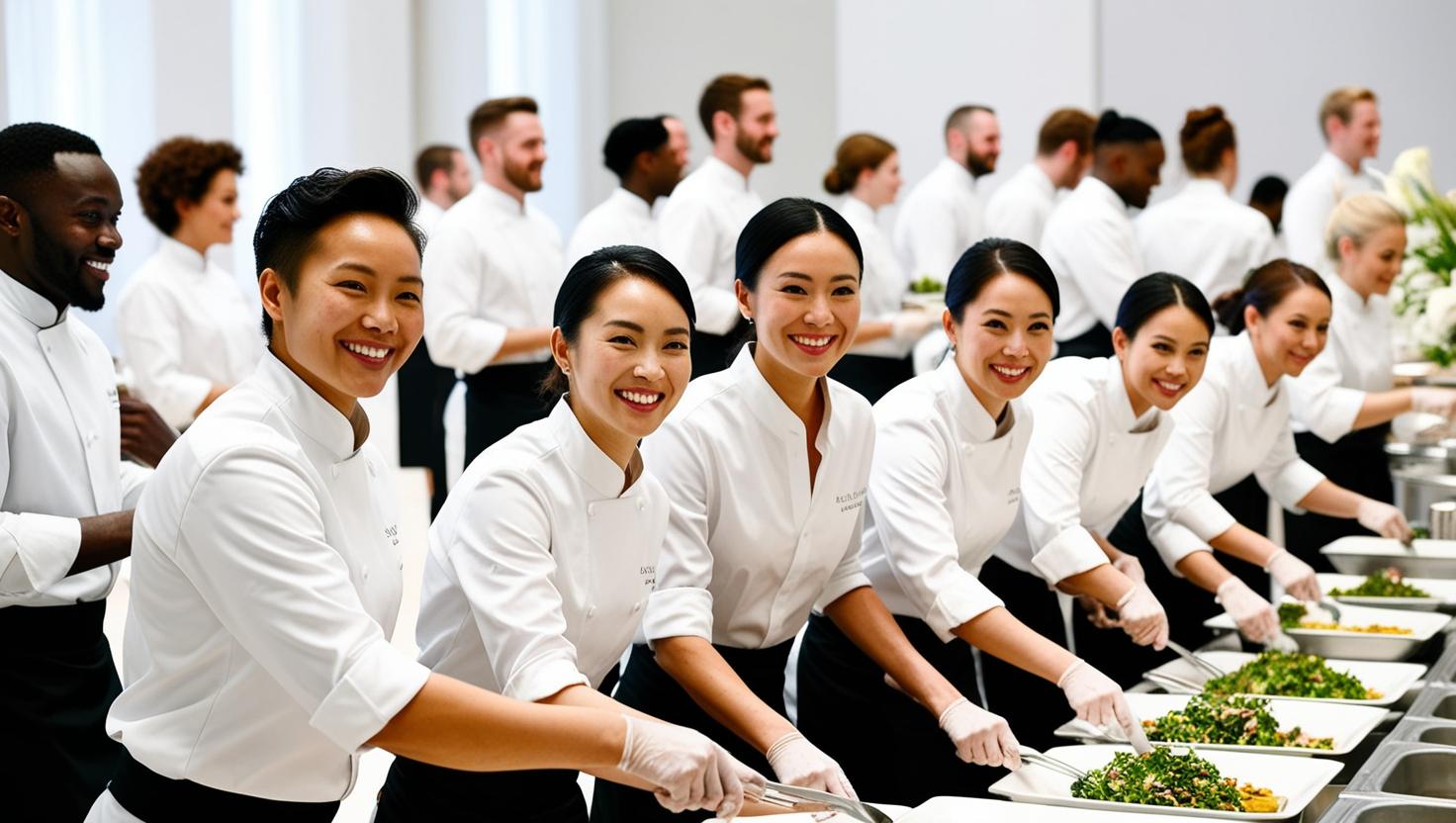 A team of caterers working together in a kitchen