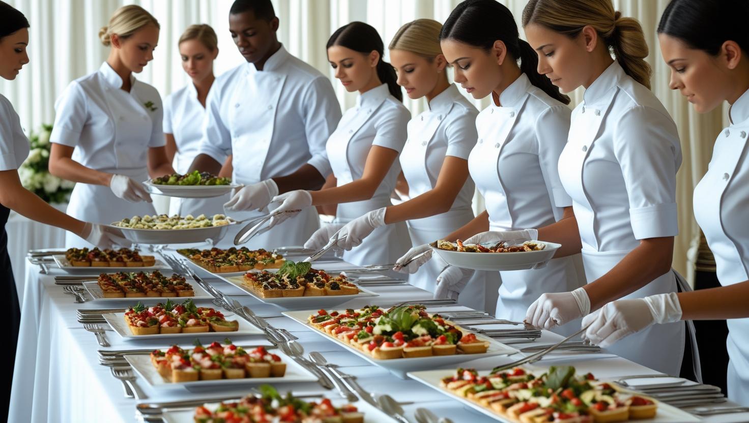 A diverse group of event catering staff posing for a photo.