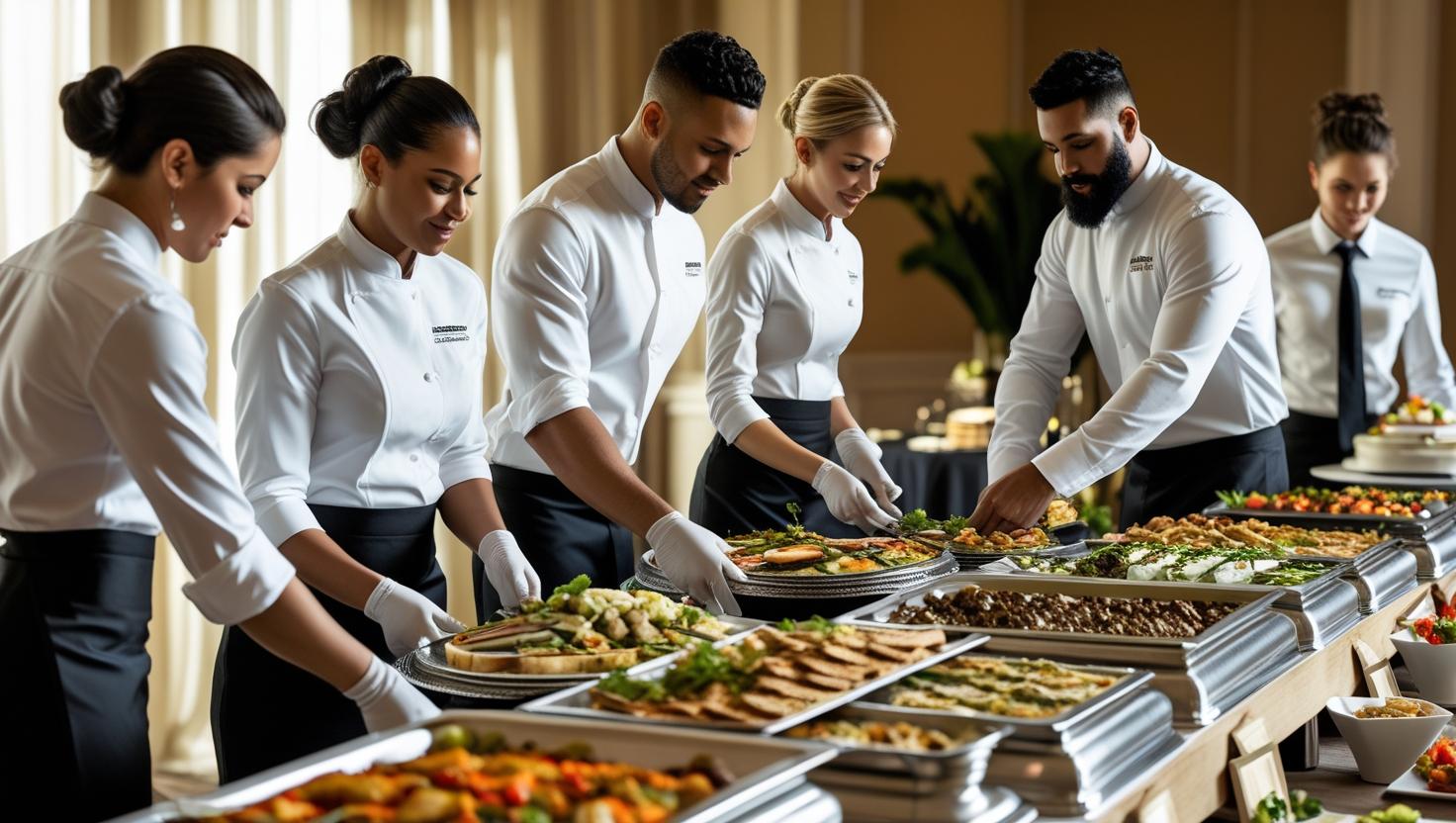 A team of event catering staff smiling and looking professional in their uniforms.
