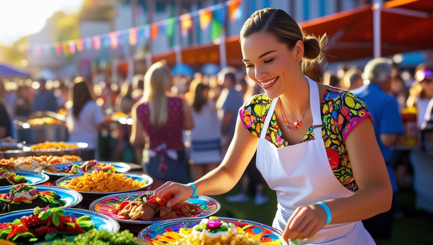 A close-up shot of a chef expertly plating a dish at a festival food stall.