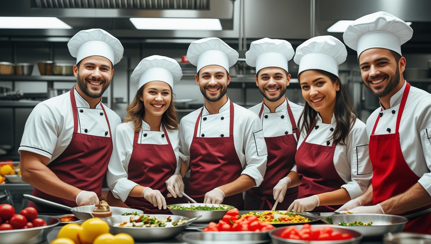 A smiling chef working on a busy food line, highlighting the positive and energetic atmosphere of a summer kitchen job.