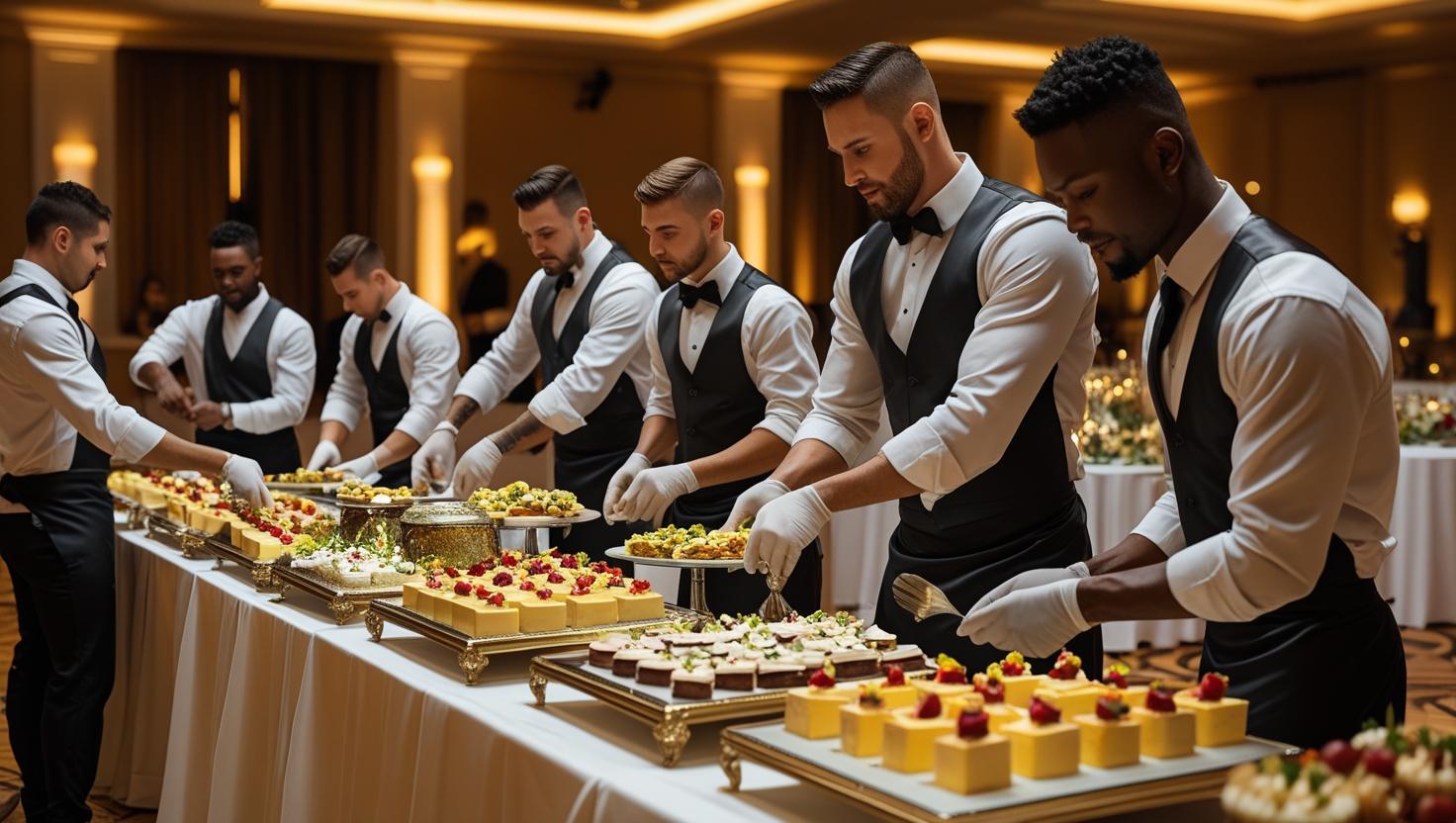 A full catering team, including chefs and waiters, posing together, showcasing teamwork.
