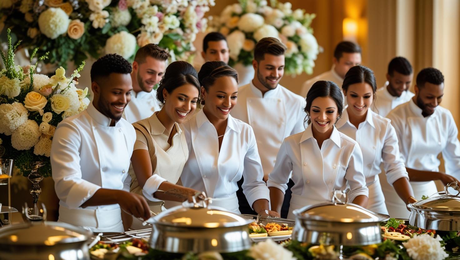 A smiling waiter pouring wine for a guest at a summer wedding reception.