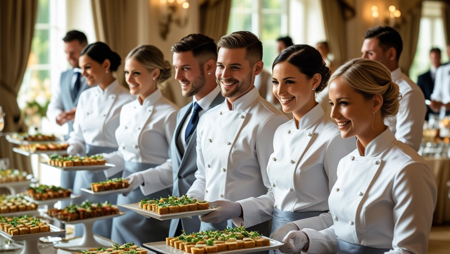 A team of professional waiters from Staff Direct in uniform, ready for a wedding service.
