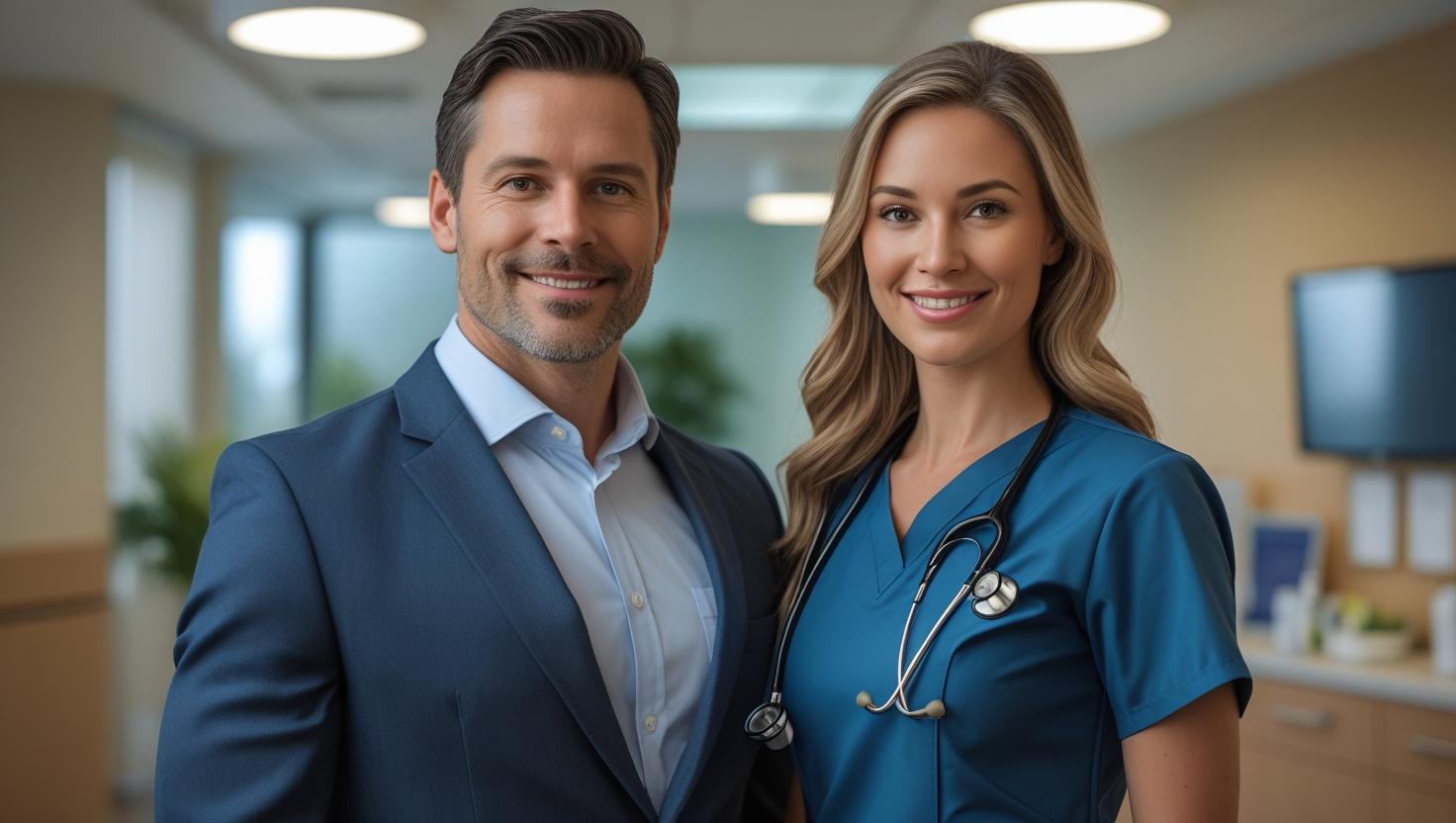 A male GP Locum warmly greeting an elderly patient in a bright and modern clinic in Leeds.