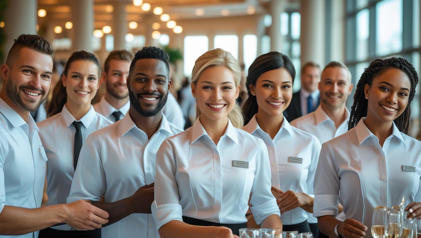 A professional and diverse team of event staff smiling and ready for a corporate function.