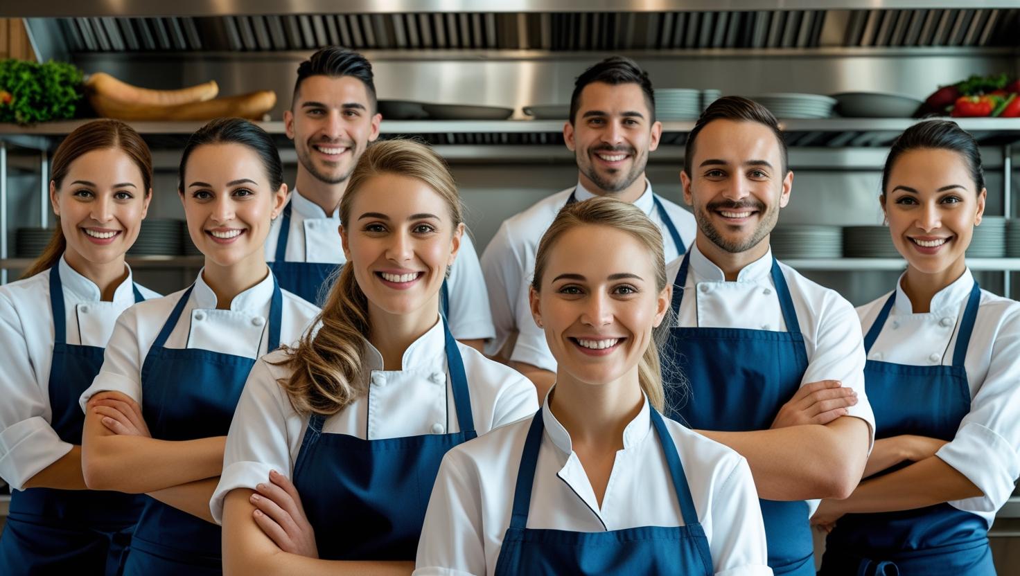 A smiling female catering staff member serving food with a professional demeanor