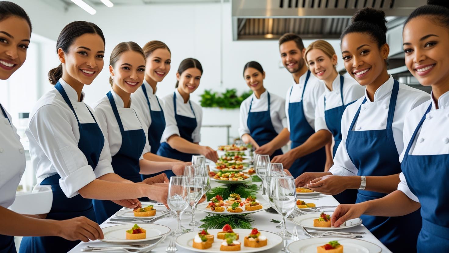 Professional catering staff serving at a corporate event with a focus on polished service