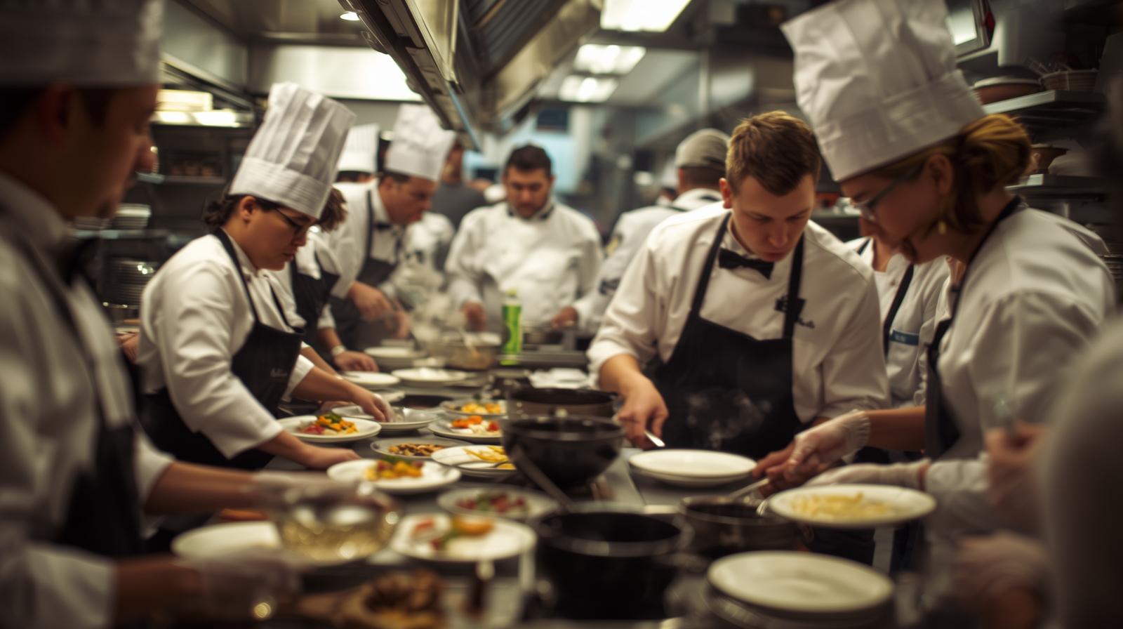 A diverse group of temporary hospitality staff, including chefs, waiters, and baristas, ready for a shift.