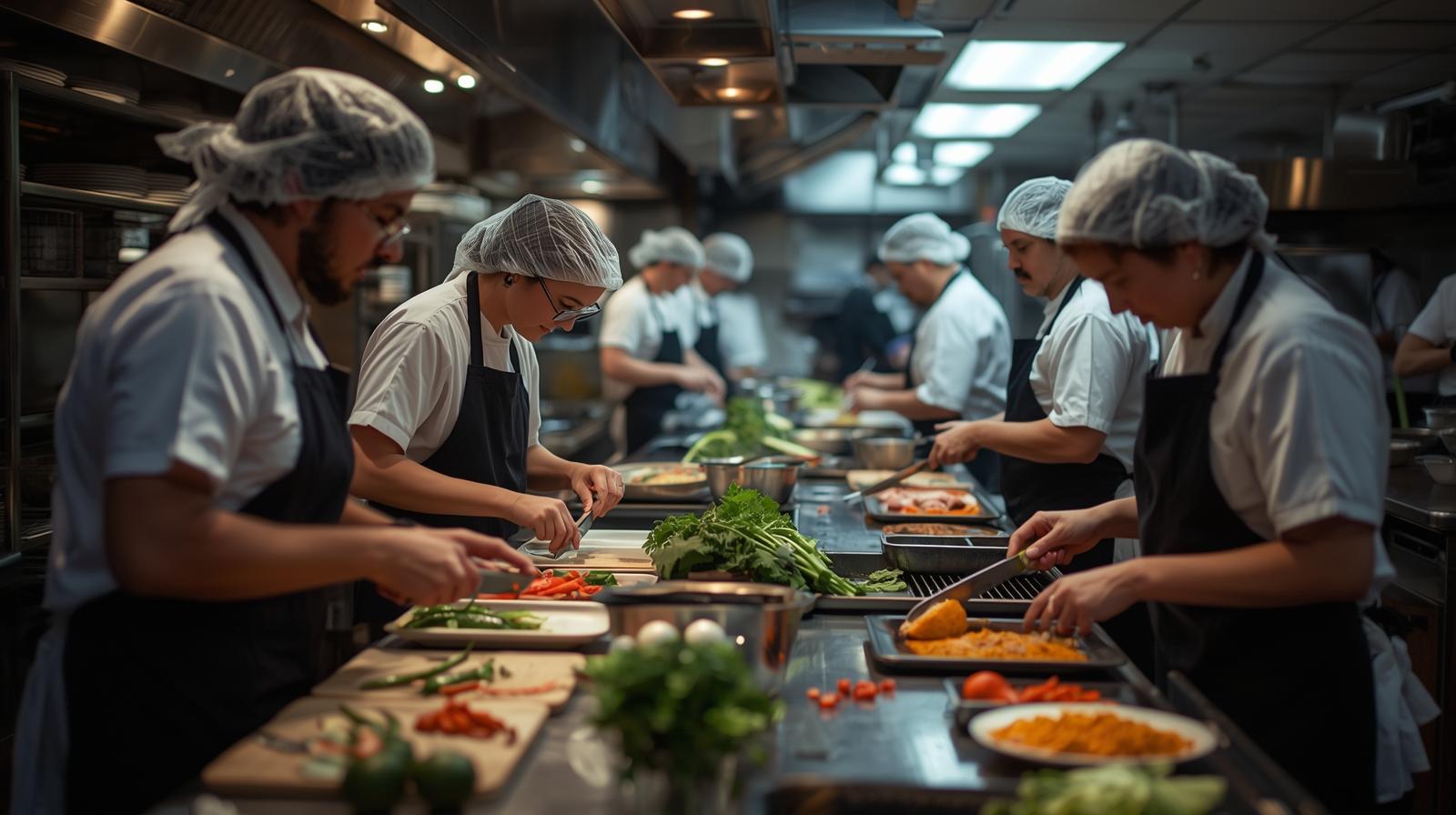 A team of professional chefs working efficiently in a busy commercial kitchen