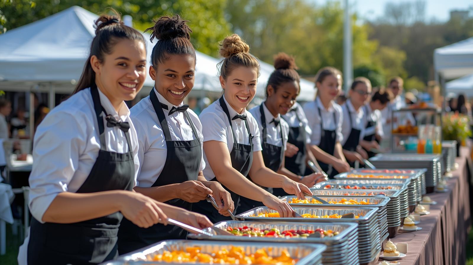 A team of catering staff working together in a kitchen