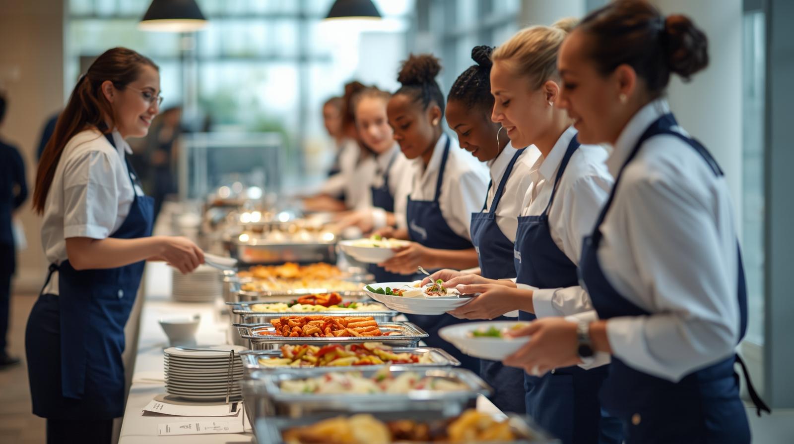A group of diverse catering staff ready for service