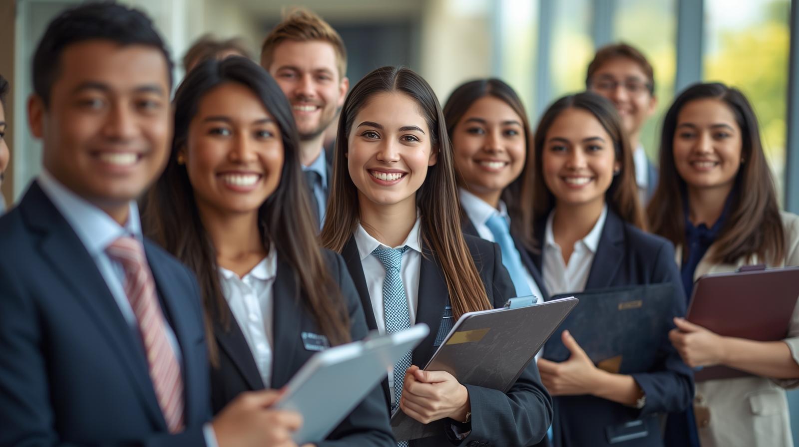 Business meeting between company executives and temp agency representatives discussing staffing solutions