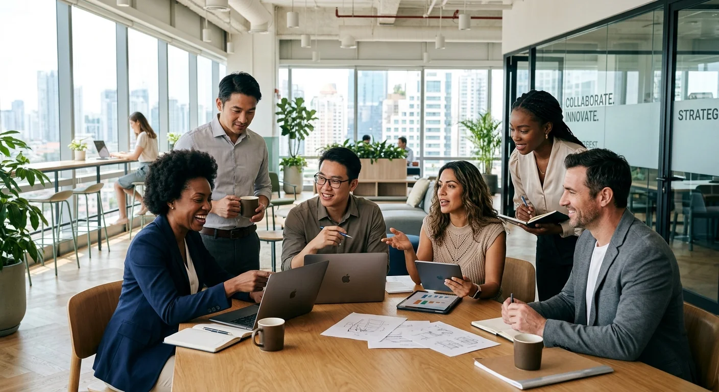 A diverse group of confident, modern professionals collaborating in a bright, airy office environment. Professional, aspirational mood.