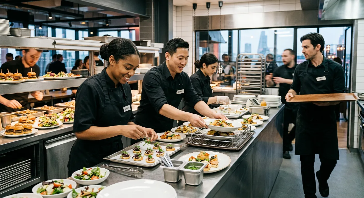 A dynamic, professional photo of a diverse team of catering/hospitality staff working efficiently in a modern kitchen or event setting in London, showcasing teamwork and immediate action. Mood: energetic, professional, and ready-to-work.