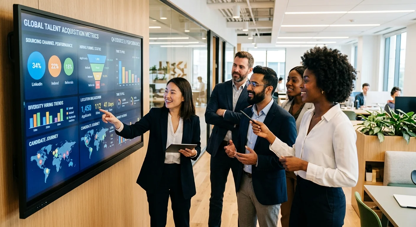 A modern, diverse team of professionals in a bright, collaborative office space, looking at a large data visualization screen showing talent metrics and sourcing channels. Style: Professional, vibrant, and forward-thinking.