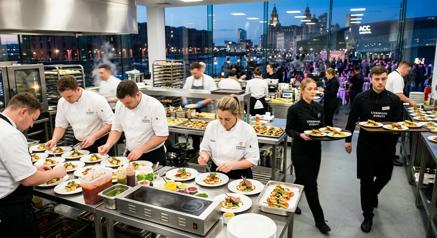 A dynamic, high-energy shot of a professional catering team in a Liverpool event venue, such as the ACC Liverpool or a boutique hotel kitchen. The image should show chefs plating food and servers in action, conveying professionalism and the bustling atmosphere of the city's hospitality industry.