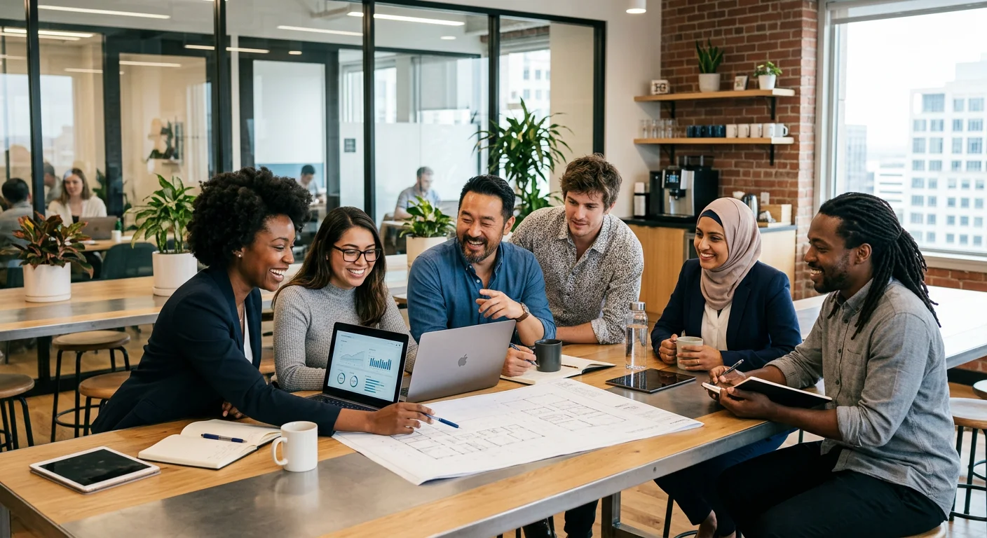 A diverse group of professional, confident employees in a modern office or kitchen setting, collaborating and smiling. Professional, high-resolution, with a focus on teamwork and success.