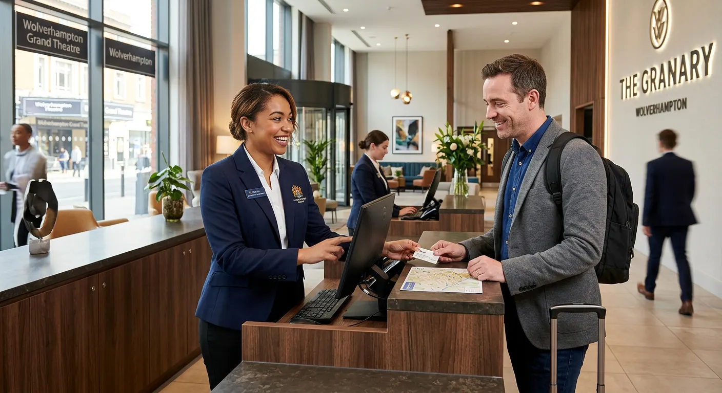A professional, welcoming image of a hospitality assistant in a modern hotel lobby in Wolverhampton, smiling and assisting a guest. Style: Bright, professional, and inviting. Mood: Efficient and welcoming.