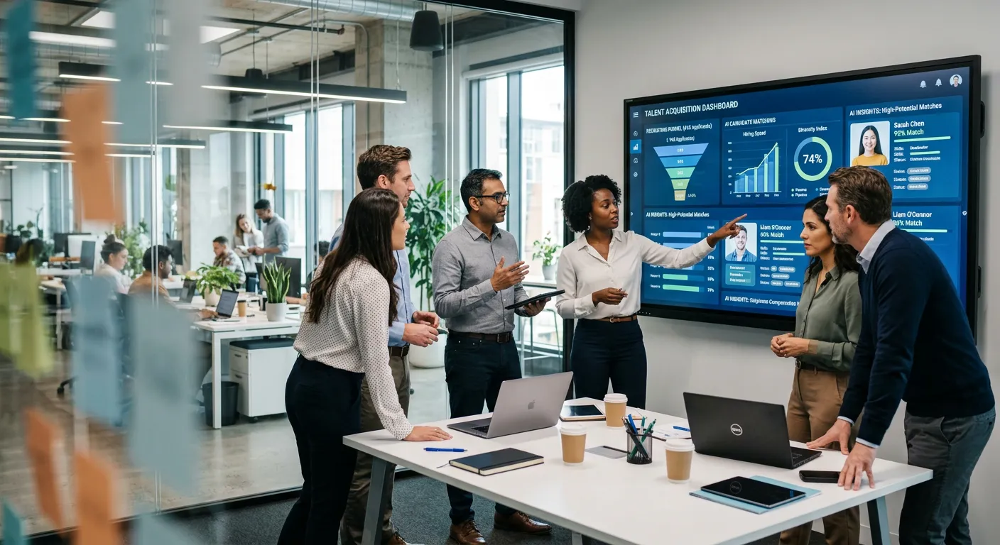 A modern, dynamic office environment. A diverse team of HR professionals and hiring managers are gathered around a large, futuristic digital dashboard displaying analytics, candidate profiles, and AI insights. The mood is collaborative, innovative, and data-focused.