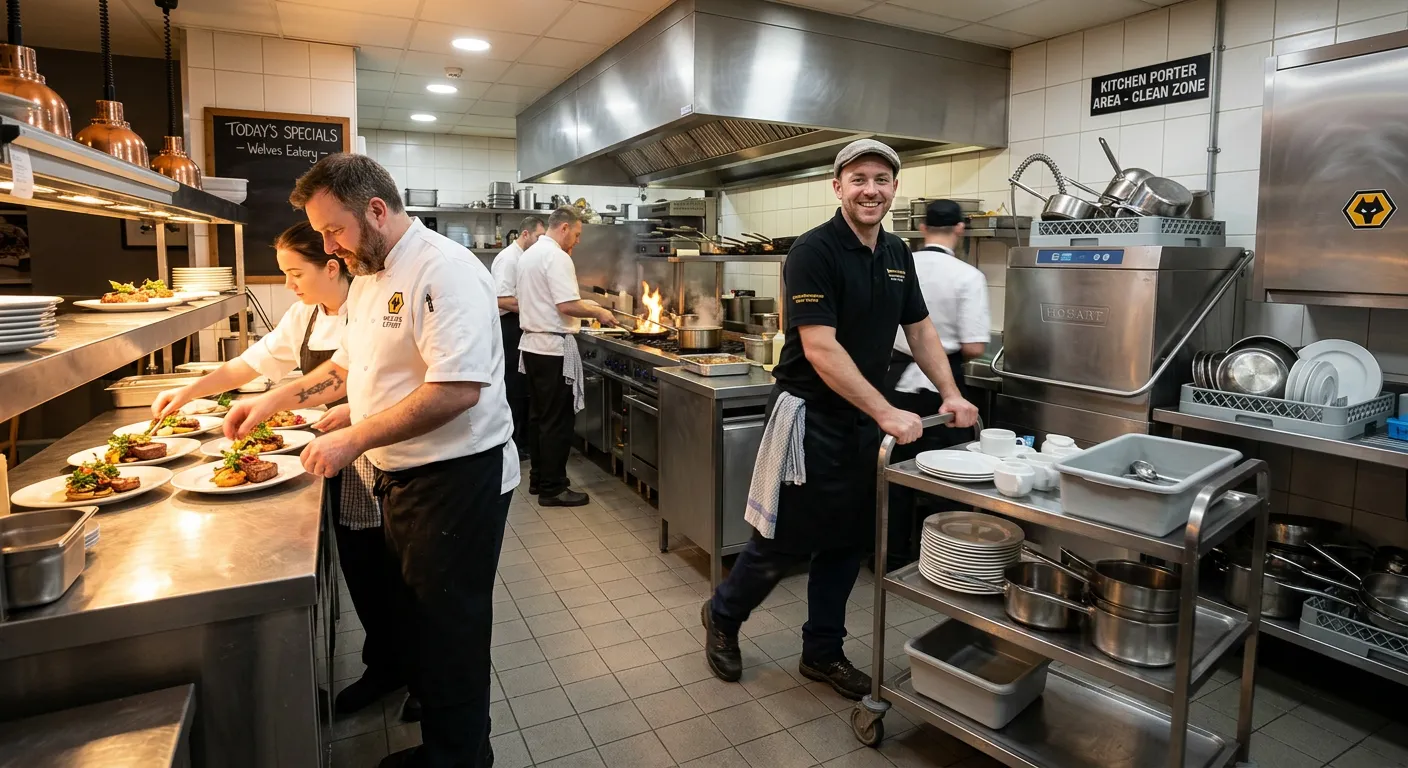 A professional, bustling kitchen scene in Wolverhampton showing a kitchen porter in action, smiling and working efficiently alongside chefs. The mood is energetic, clean, and professional.