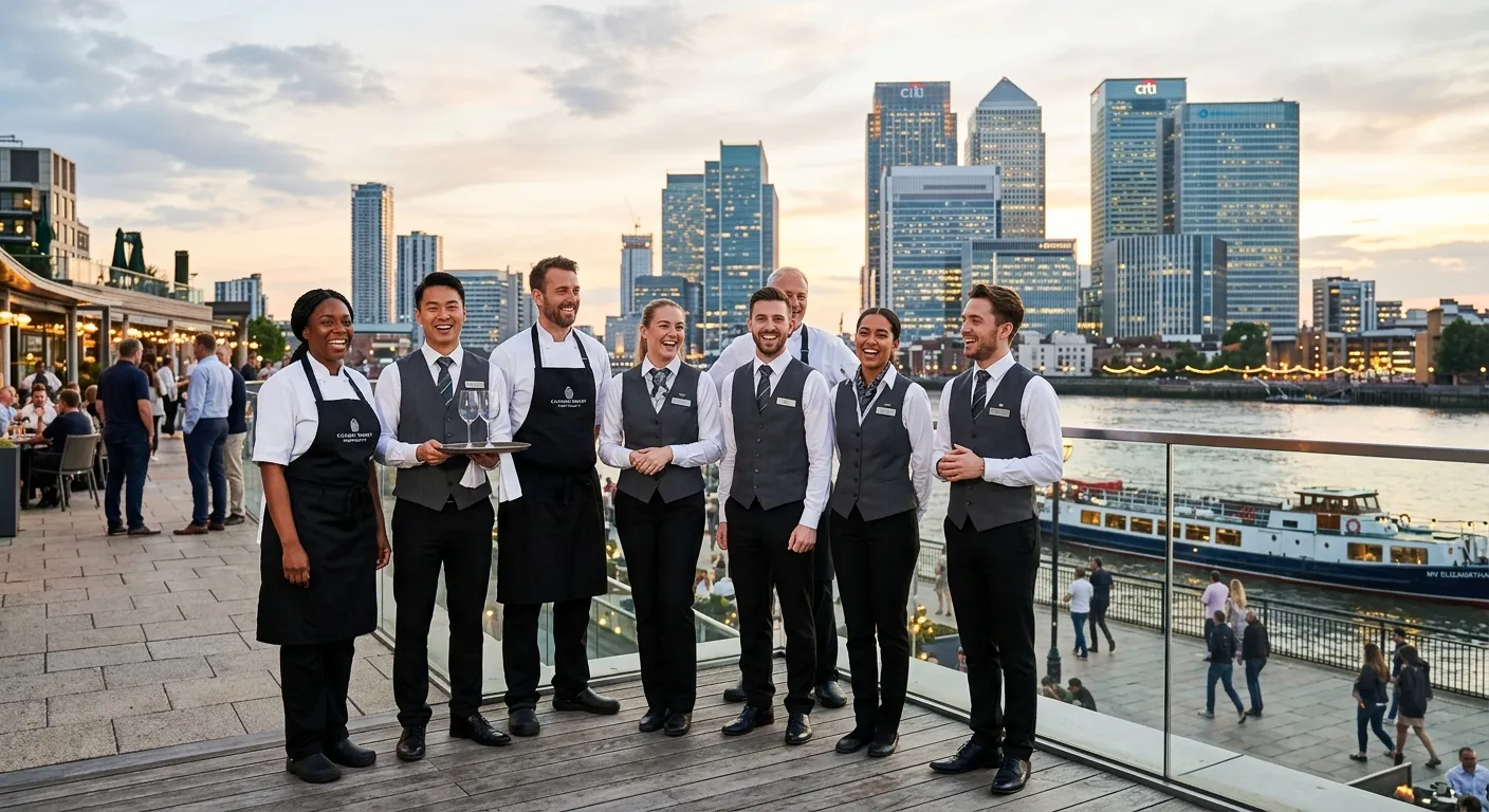 A dynamic, professional hero image showcasing the modern skyline of Canary Wharf in Tower Hamlets, with a diverse group of hospitality and catering professionals in smart uniforms smiling in the foreground. Style: Bright, aspirational, and modern. Mood: Energetic and professional.