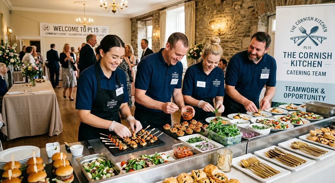 A professional, welcoming image of a catering team in action at a local PL15 venue, such as a hotel function or event. They are smiling, wearing crisp uniforms, and plating food, conveying a sense of teamwork and immediate opportunity.