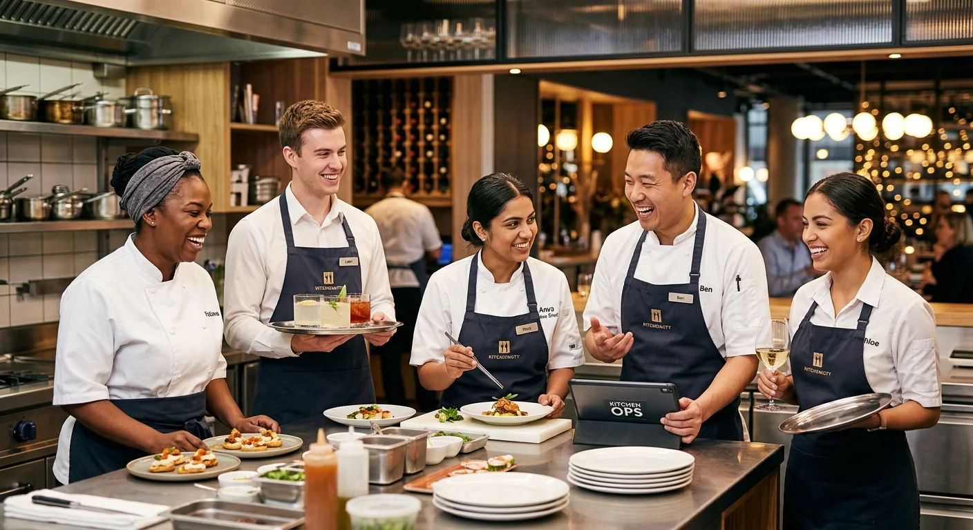 A professional, high-resolution hero image of a diverse team of hospitality professionals in a modern kitchen or event space, smiling and collaborating. The mood is energetic, successful, and modern, with a slightly blurred background to focus on the people.