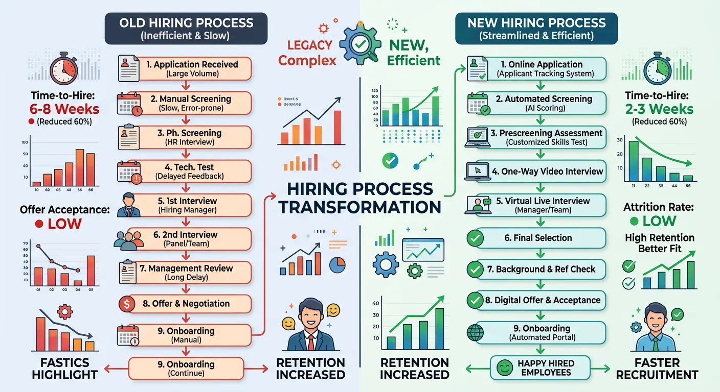 A visual flowchart showing the old hiring process versus the new, streamlined process, with metrics... A visual flowchart showing the old hiring process versus the new, streamlined process, with metrics like time-to-hire and attrition rate highlighted.