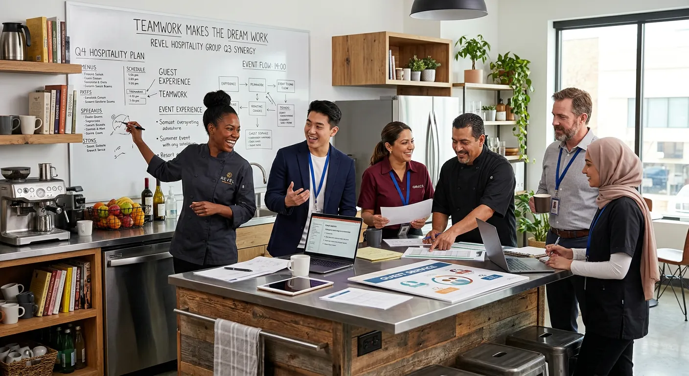 A diverse, professional team collaborating in a modern office kitchen, representing the hospitality sector, with a focus on energy and teamwork.