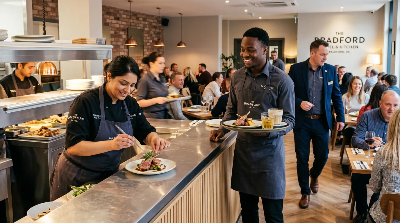 A vibrant, professional hero image showing a diverse team of hospitality staff in a modern Bradford hotel restaurant. A chef is plating a dish, a waiter is smiling, and a manager is overseeing service. The mood is energetic, welcoming, and professional.