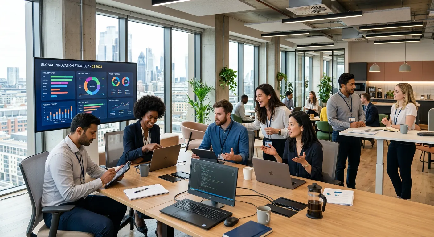 A diverse group of modern professionals collaborating in a bright, open-plan office. The style is pr... A diverse group of modern professionals collaborating in a bright, open-plan office. The style is professional, high-resolution, and conveys synergy, flexibility, and technological integration. Mood: Innovative, confident, and dynamic.