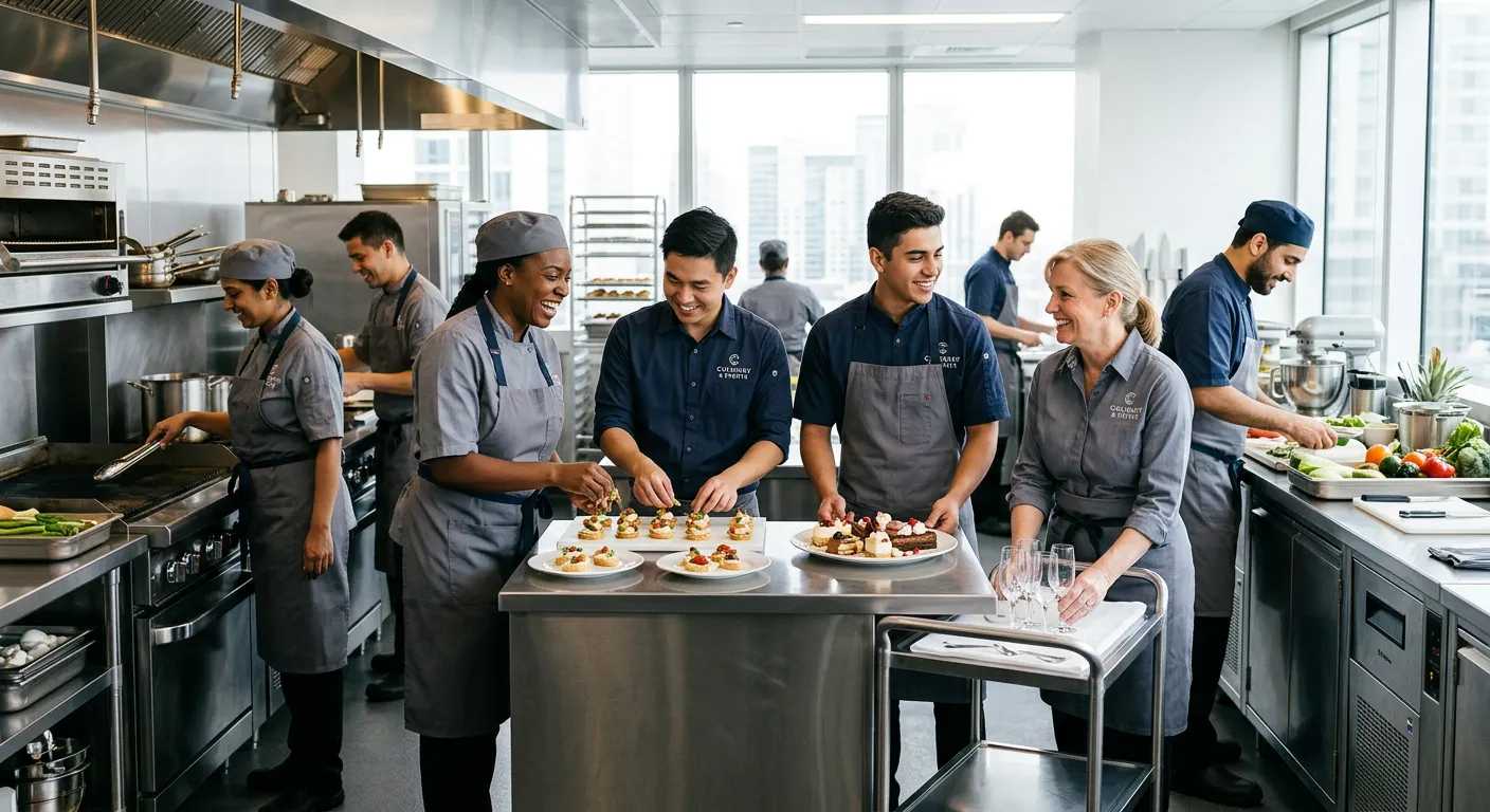 A modern, diverse team of catering and hospitality professionals in a bright, professional kitchen, smiling and collaborating. Style should be bright, professional, and aspirational, conveying success and teamwork.