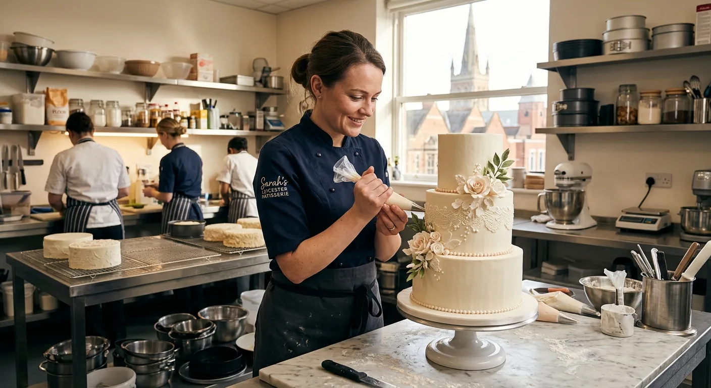 A professional pastry chef in a bright Leicester kitchen, meticulously decorating a wedding cake, showcasing skill and local hospitality environment