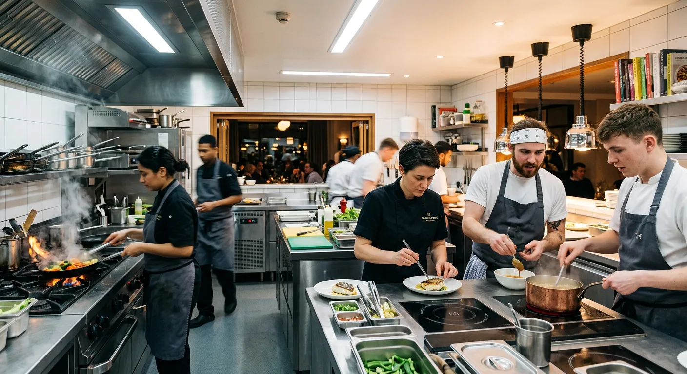 A dynamic, professional kitchen scene in a London restaurant showing chefs at work, with a focus on teamwork and energy. Modern, bright lighting.