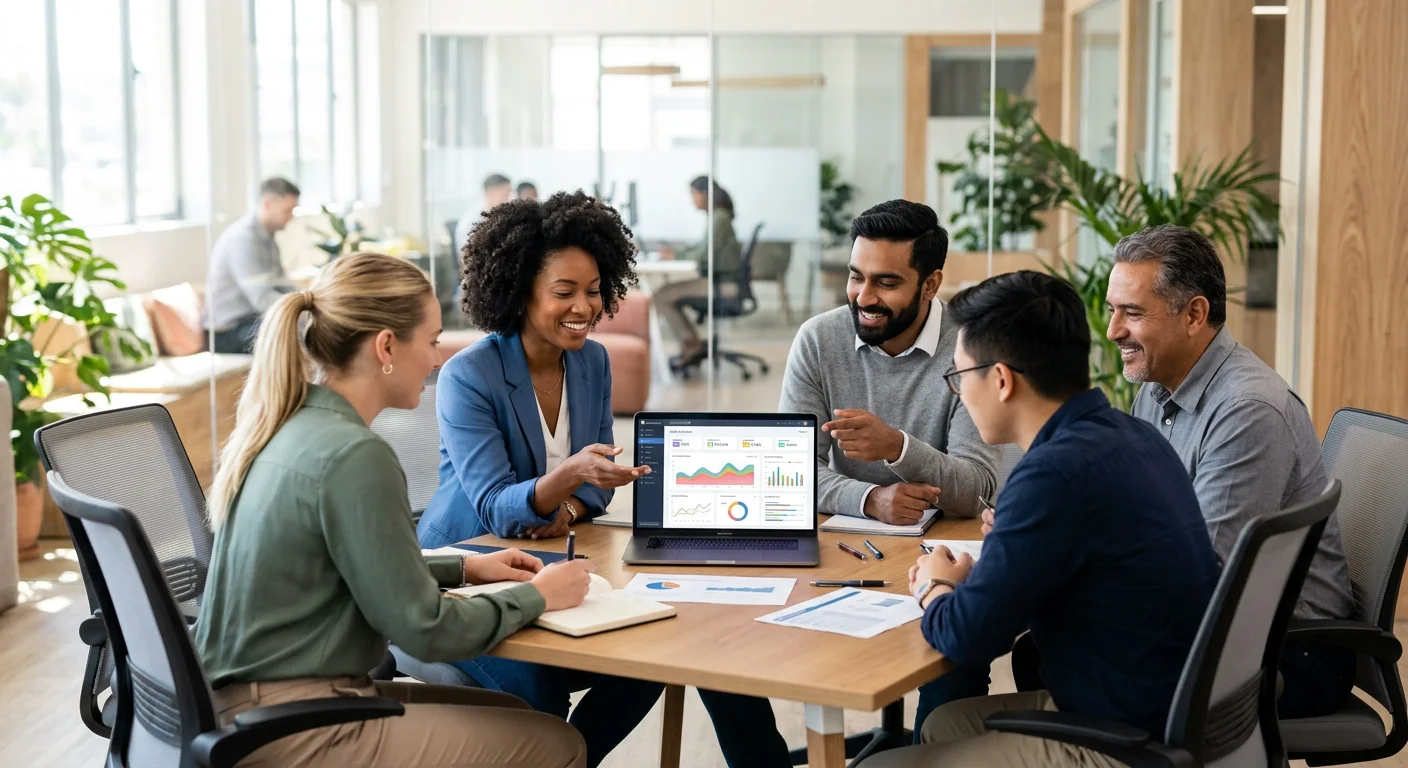 A modern, professional office scene with a diverse team collaborating around a table, reviewing data on a laptop. Style: Bright, aspirational, with a focus on teamwork and technology. Mood: Optimistic, efficient, and forward-thinking.