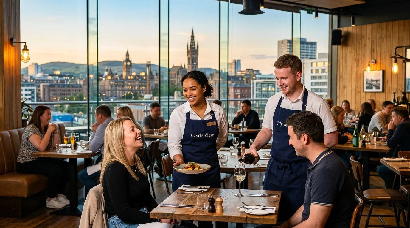 Professional hero image showing friendly waiting staff in a modern Glasgow restaurant or event venue, smiling while serving customers, with Glasgow cityscape visible through windows. Bright, welcoming atmosphere.