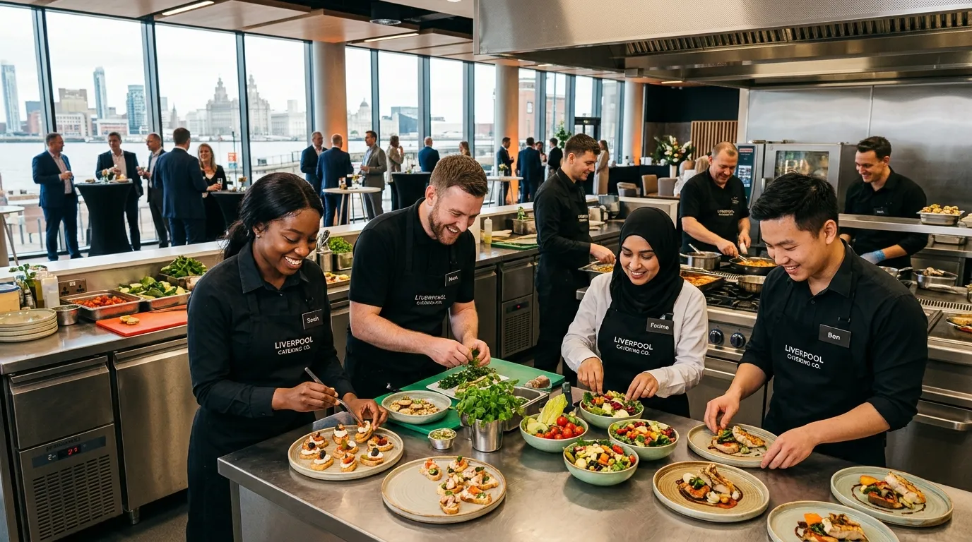 A dynamic, professional hero image showing a diverse team of catering staff in crisp uniforms, smiling and preparing food in a bright, modern Liverpool event space or kitchen. The mood should be energetic, professional, and welcoming.