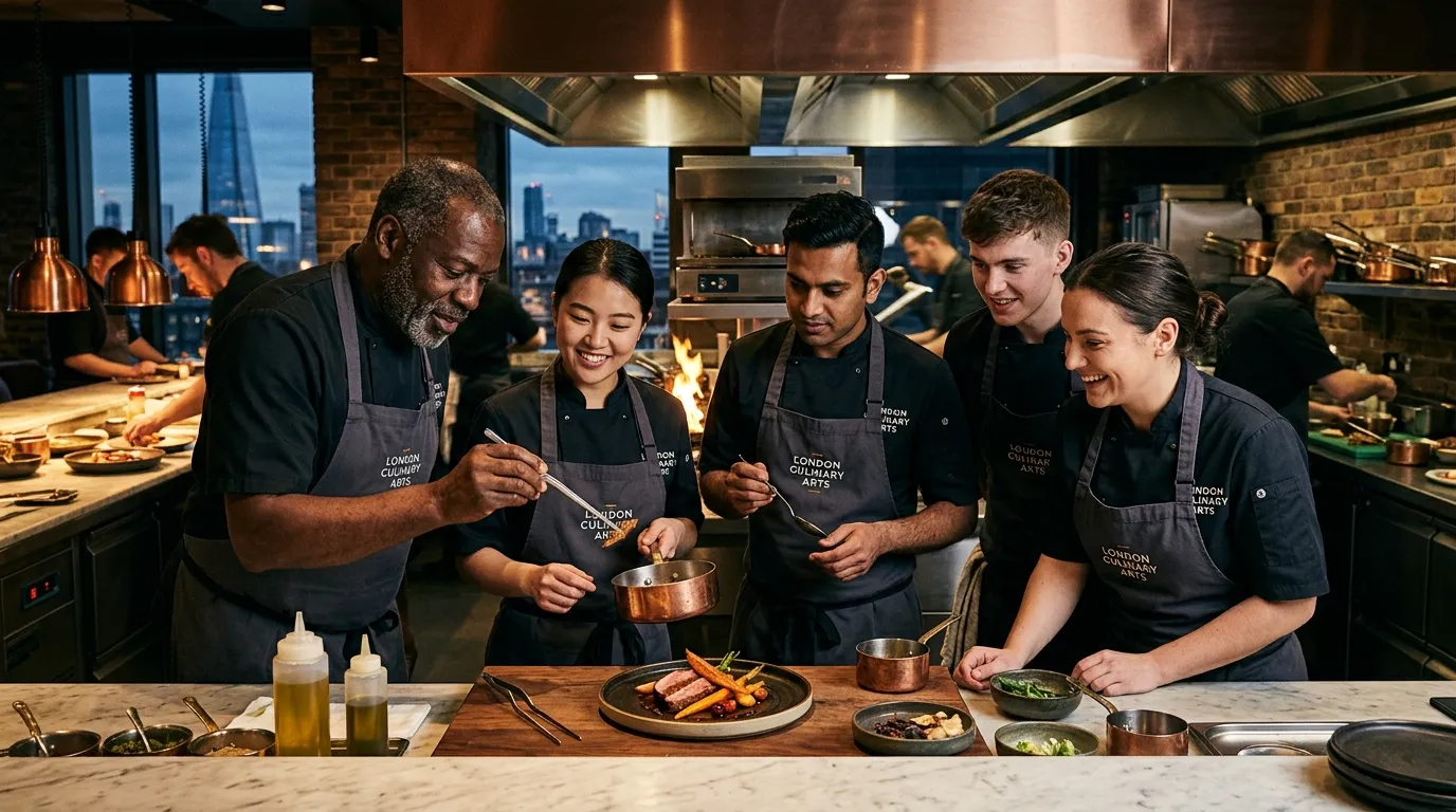 A dynamic, professional hero image showing a diverse team of chefs in a high-end London kitchen, collaborating over a beautifully plated dish. Moody lighting, focus on skill and precision, conveying prestige and opportunity.