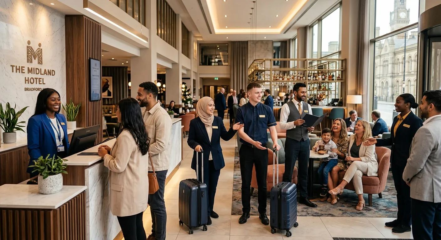 A dynamic, professional hero image showing a diverse team of hospitality staff in a modern Bradford hotel lobby or restaurant, smiling and providing excellent customer service. The mood is welcoming, energetic, and professional.