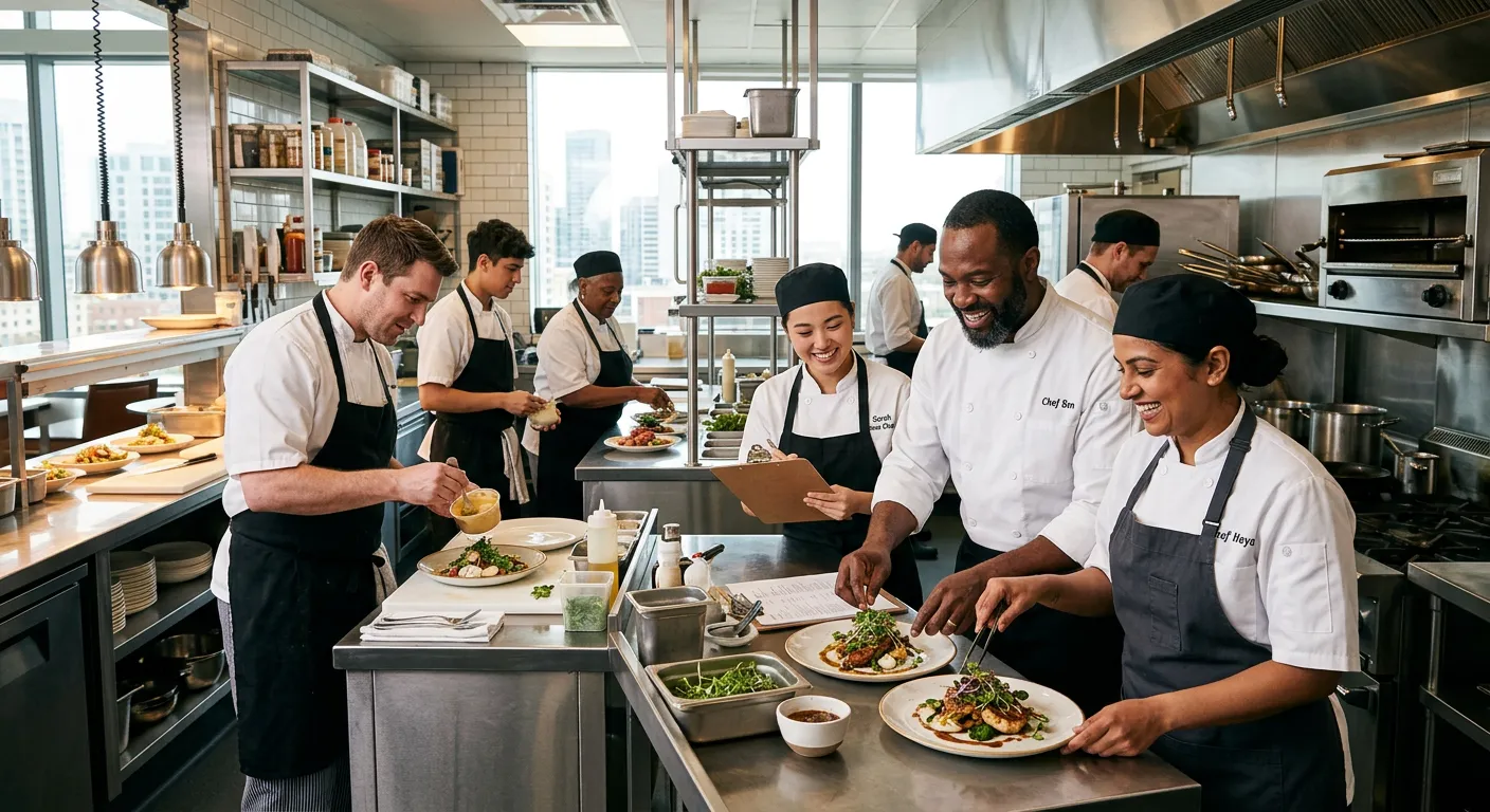 A diverse group of professional catering and hospitality employees, including chefs and kitchen assi... A diverse group of professional catering and hospitality employees, including chefs and kitchen assistants, collaborating in a bright, modern commercial kitchen. Professional, high-energy mood.