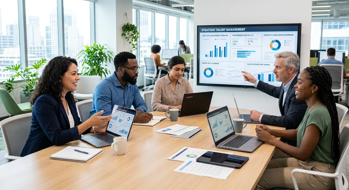 A diverse group of modern, professional HR managers and team leaders collaborating in a bright, airy office with laptops and data analytics dashboards visible, symbolizing strategic talent management. Style: professional stock photo, vibrant, focused mood.