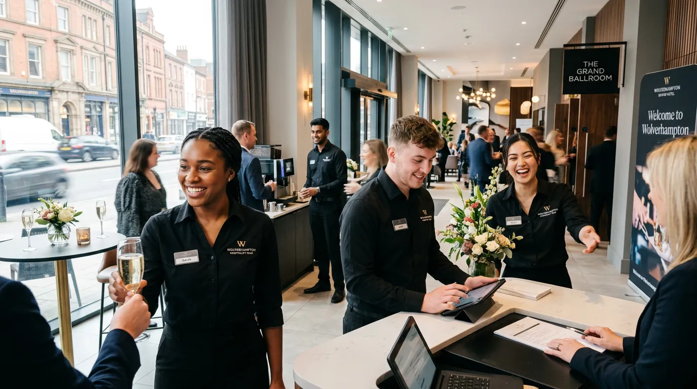 A dynamic, professional hero image showing a diverse team of hospitality assistants in action in a bright, modern Wolverhampton hotel or event venue. They are smiling, engaged in service, and the image conveys energy, teamwork, and local relevance.