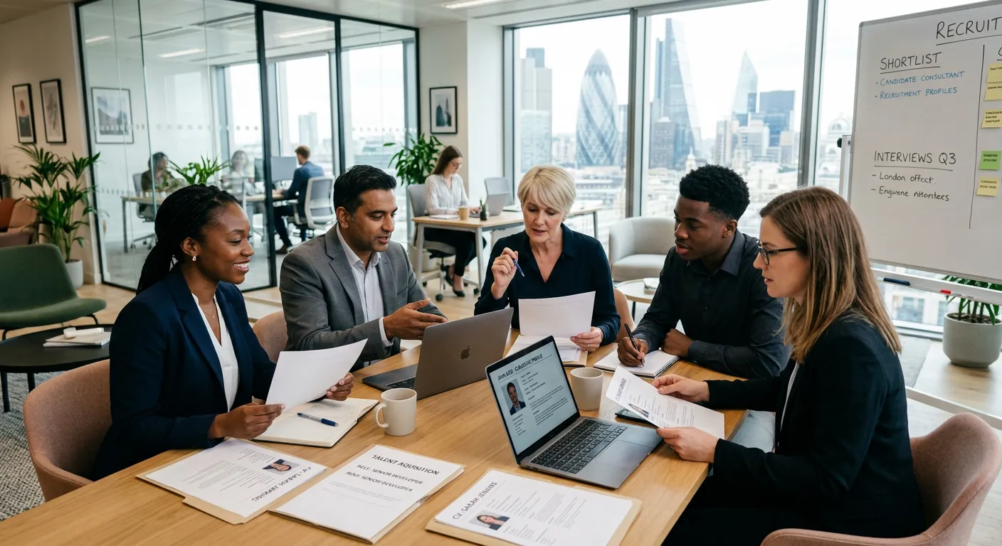 A professional, diverse group of recruitment consultants and HR professionals collaborating in a modern office setting in <Location>, reviewing CVs and discussing candidate profiles. Style: Authentic, bright, professional office environment.