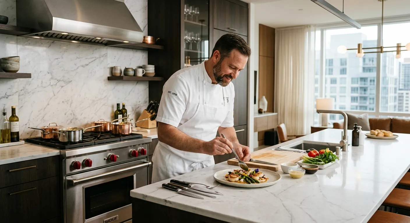 A professional, well-lit kitchen in a modern city home or high-end apartment, featuring a private chef in crisp whites preparing an elegant dish. The mood is sophisticated, skilled, and trustworthy.