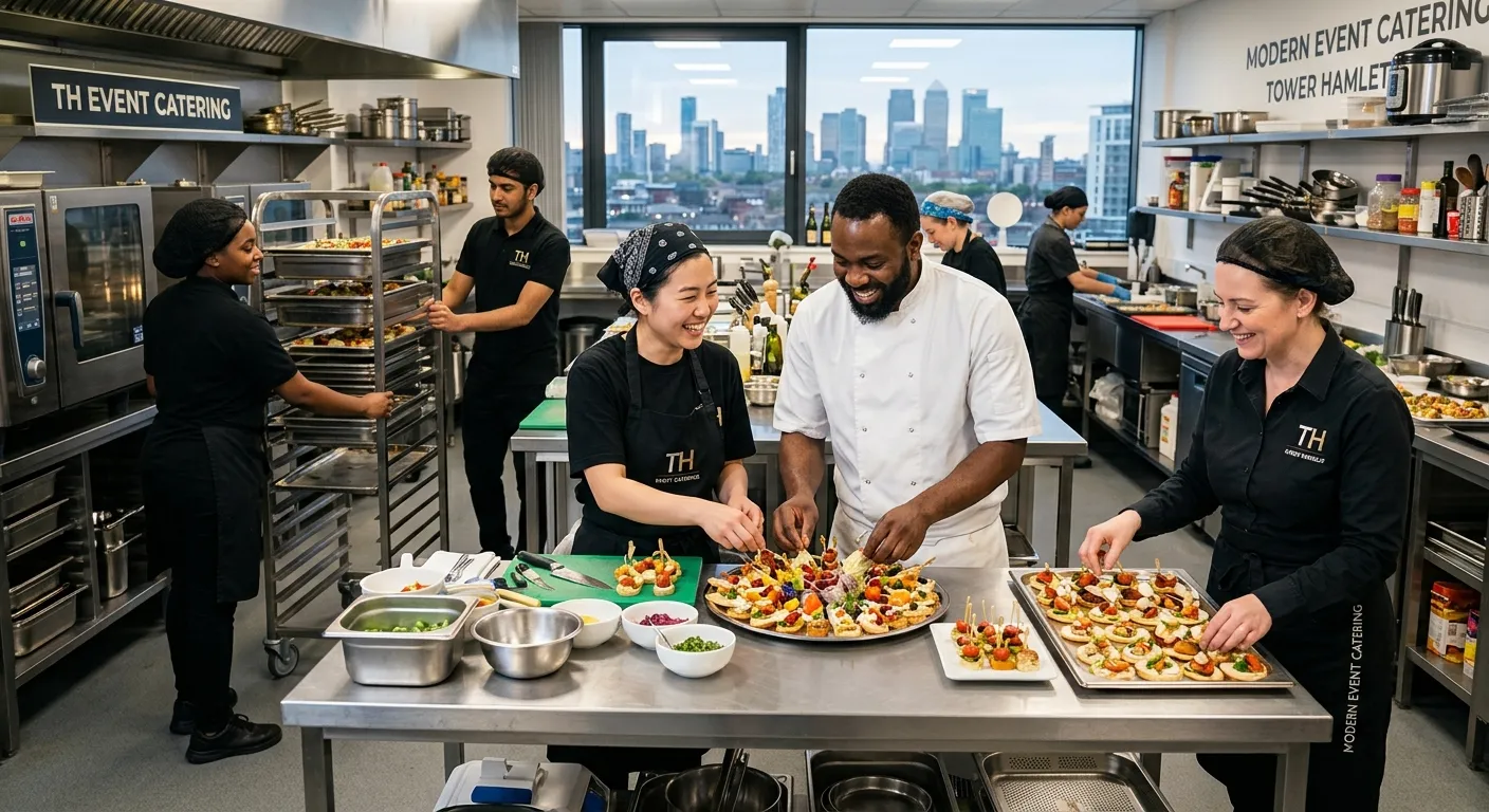 Professional, vibrant image of diverse catering/hospitality staff working in a modern Tower Hamlets commercial kitchen or event space, smiling and collaborating. Focus on action and teamwork.